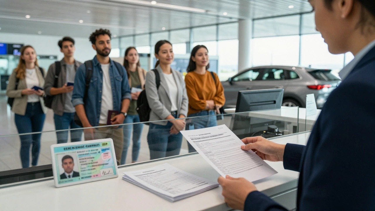 Car rental counter scene showing required driving documents