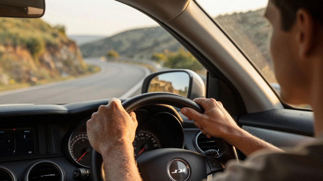 Close up of hands on steering wheel while driving up a hill during sunset