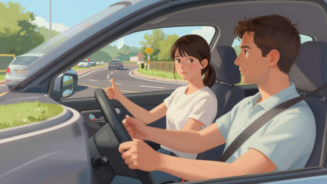 Confident student driver navigating a roundabout with instructor support