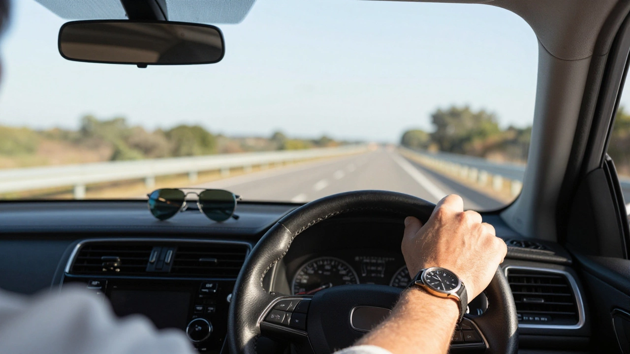 Driver's view of clear road at 10:30 AM with calm hands