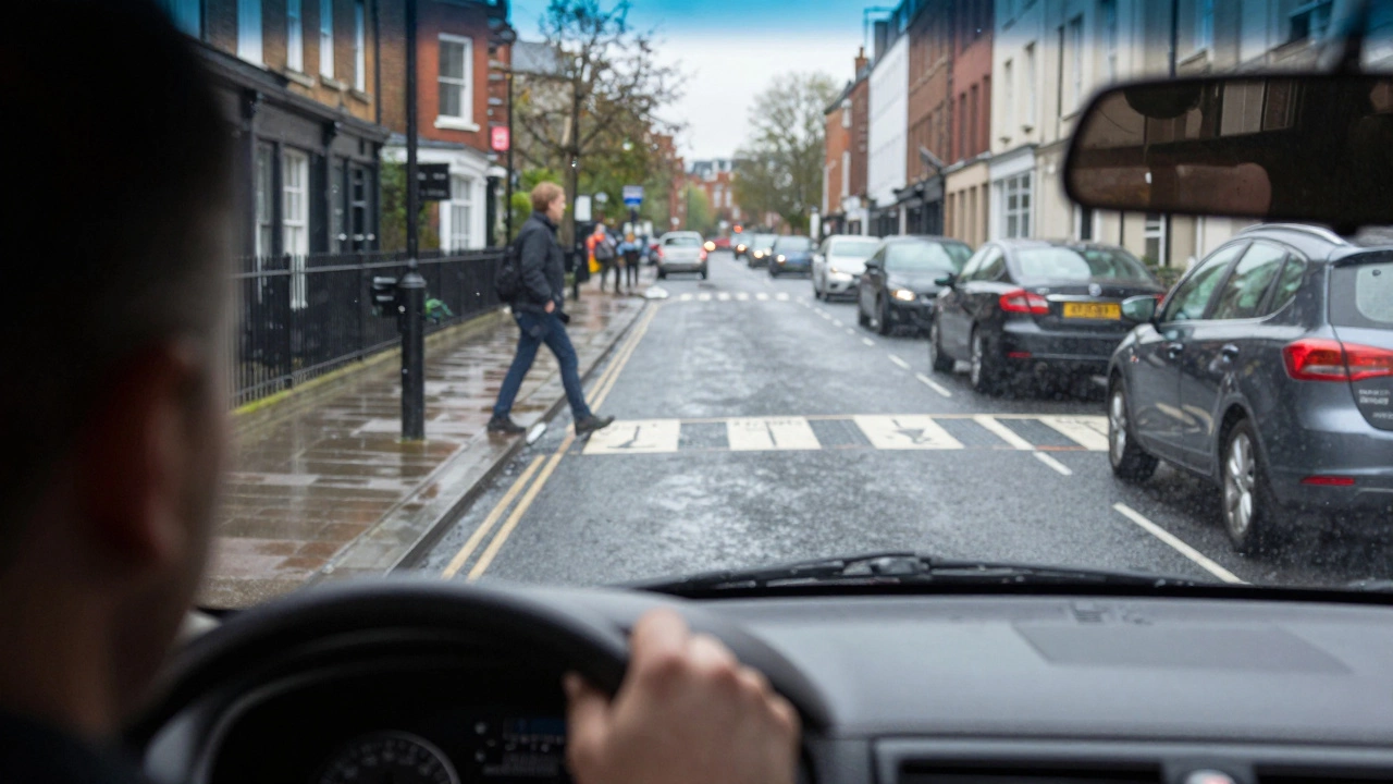 Driver's view through a windshield spotting a pedestrian stepping into the road as a hazard.