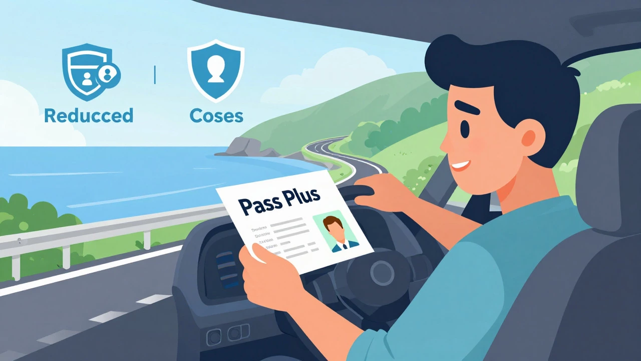 Driver holding Pass Plus certificate on a scenic European road