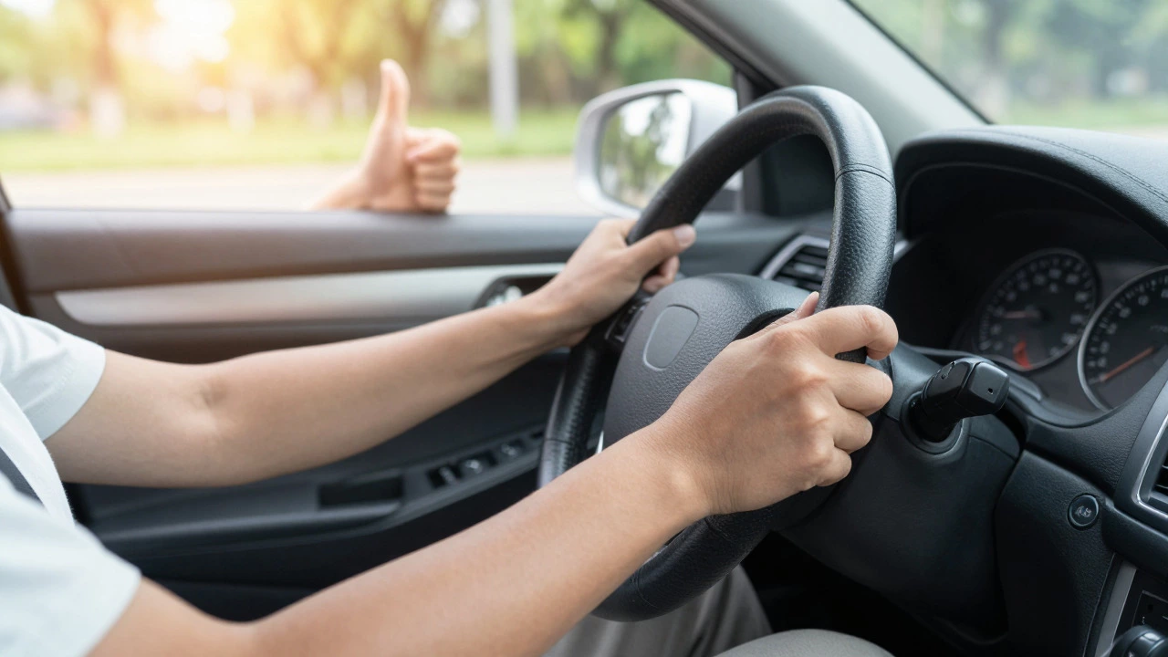Learner driver holding steering wheel with instructor giving thumbs up in mirror