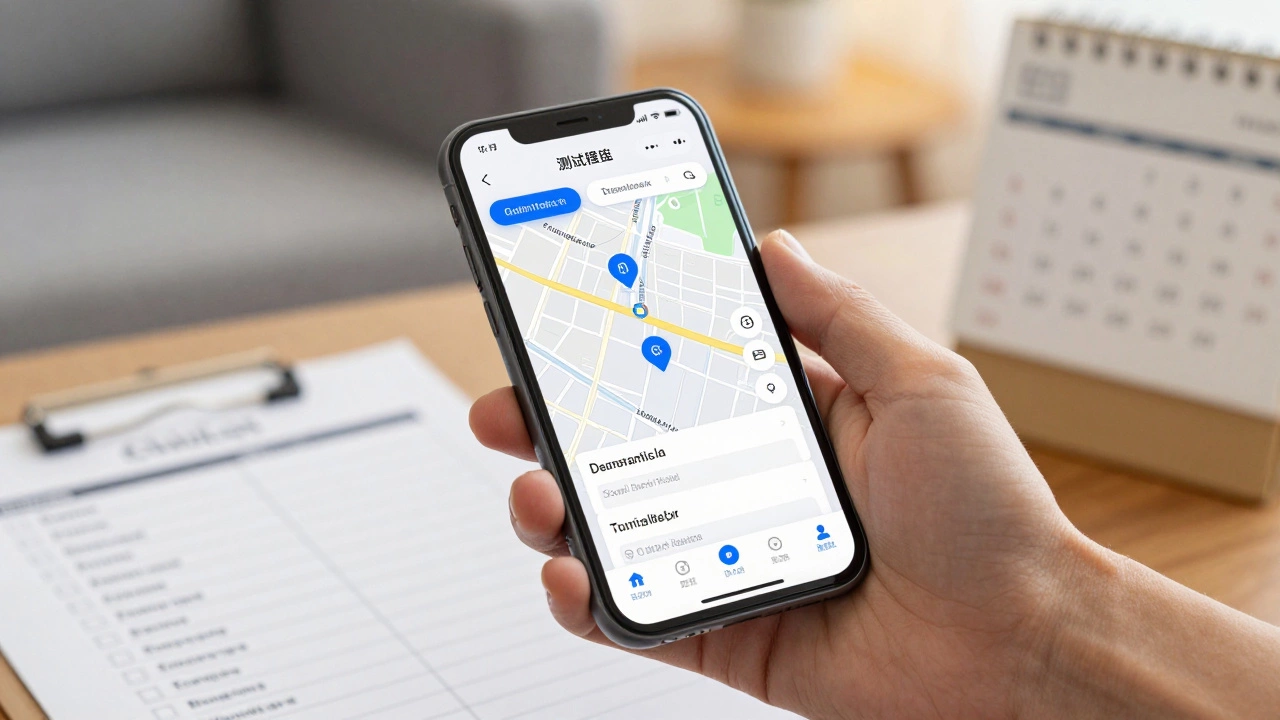 Person researching driving test centers on a smartphone map