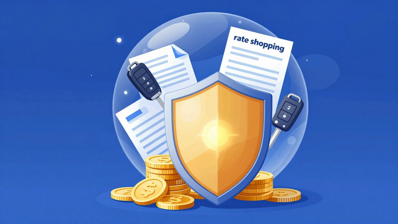 Shield protecting coins with car keys, symbolizing rate shopping