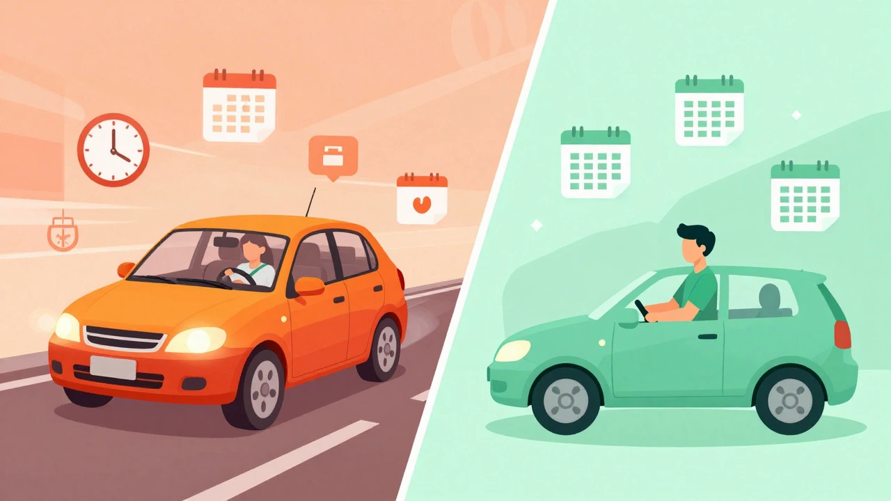 Split illustration comparing intensive crash course schedule with flexible weekly lessons