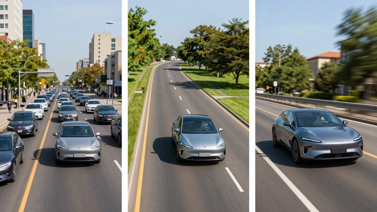 Split view showing city, suburban, and highway driving conditions for testing