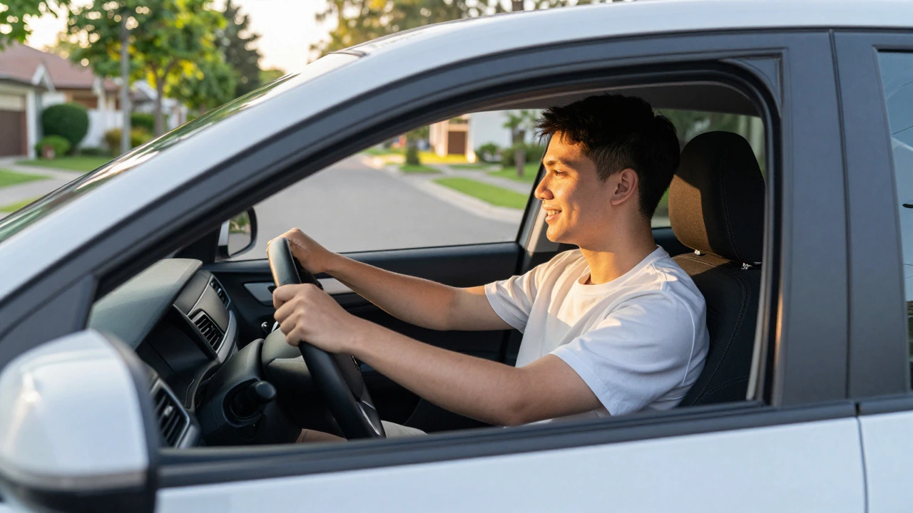 A confident young adult sitting in the driver's seat of a car in a sunny suburb