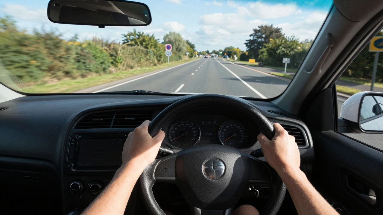 Close-up of a learner driver's hands on the steering wheel while navigating a junction