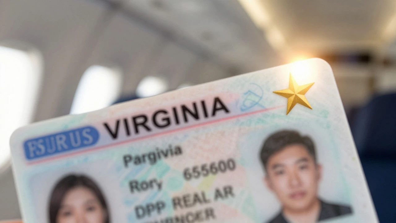 Close-up of Virginia driver's license featuring the Real ID gold star