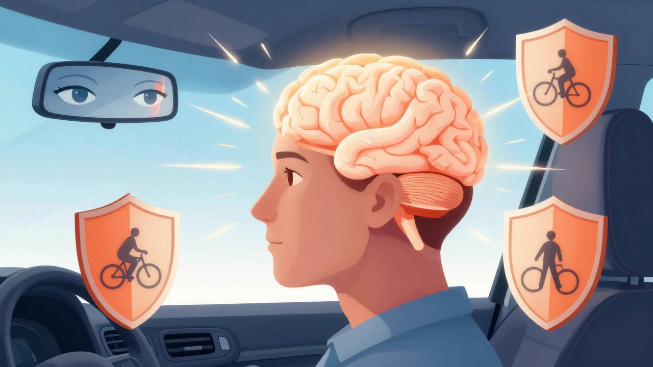 Conceptual art of a driver's head glowing with awareness and safety shields
