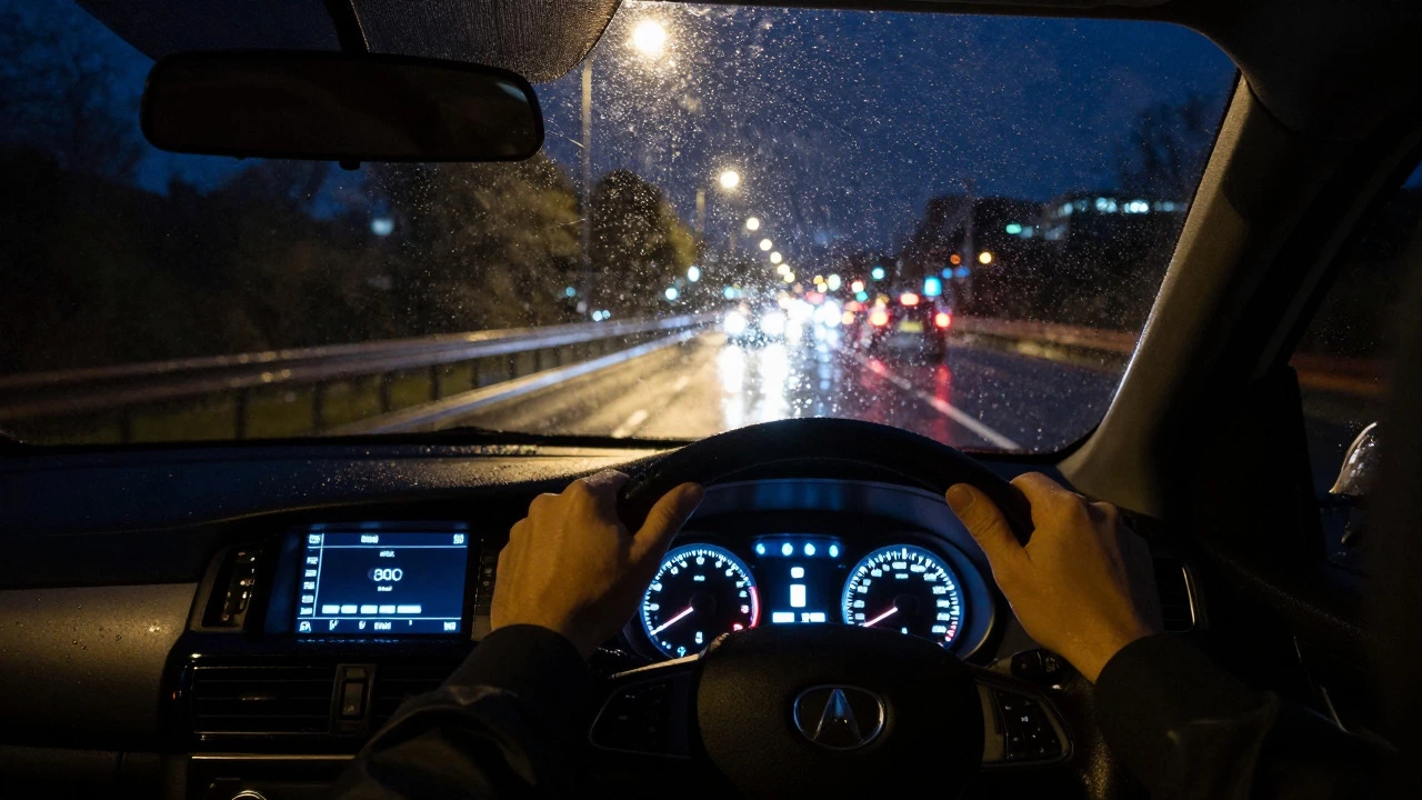 Driver navigating a wet motorway at night