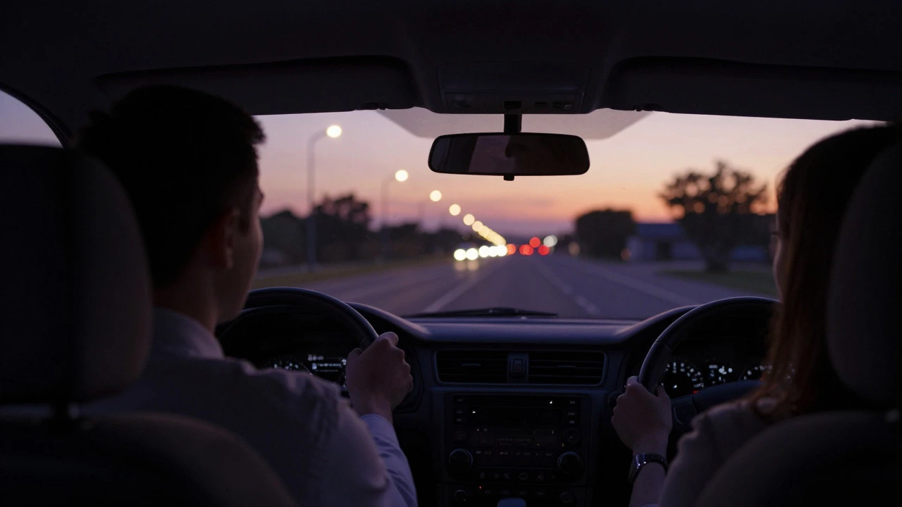 Driver practicing with an instructor inside a car at dusk