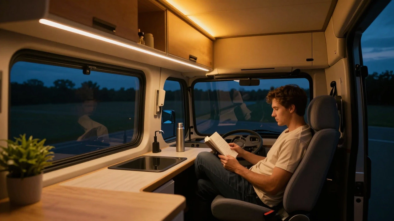 Driver relaxing in the illuminated sleeper cab of an HGV at night