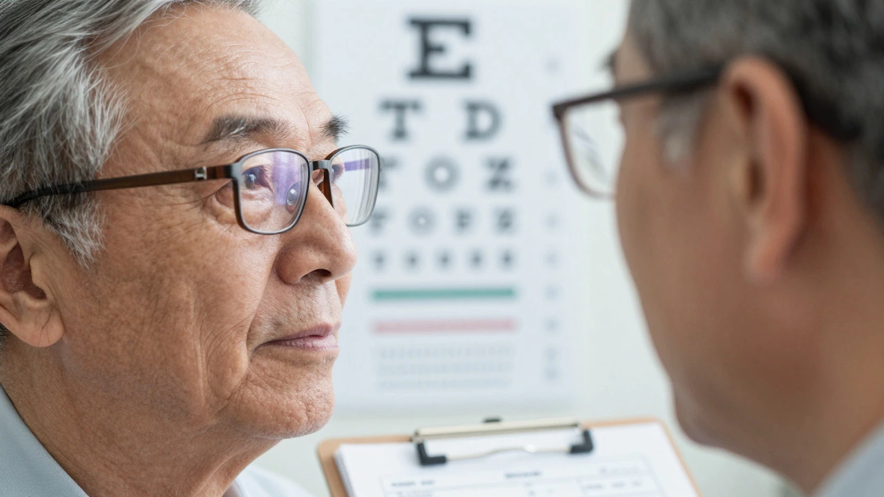 Elderly person taking a mandatory vision test at the DMV office