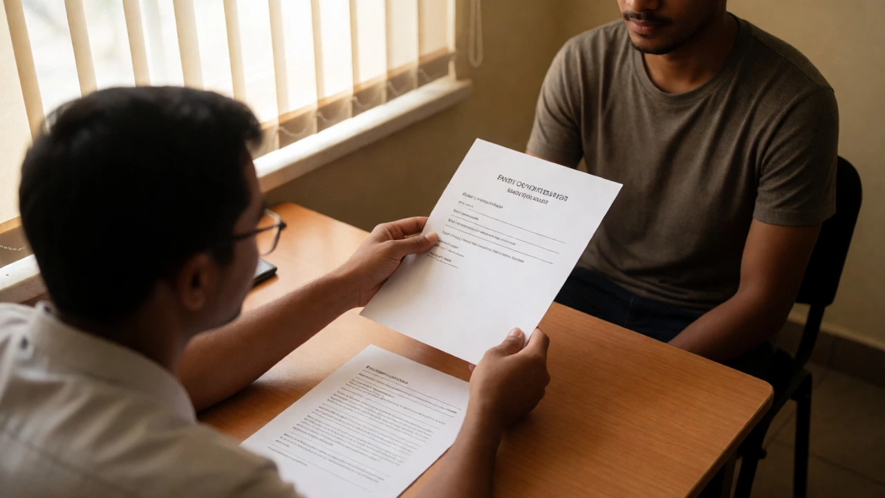 Examiner handing a printed pass certificate to a relieved student