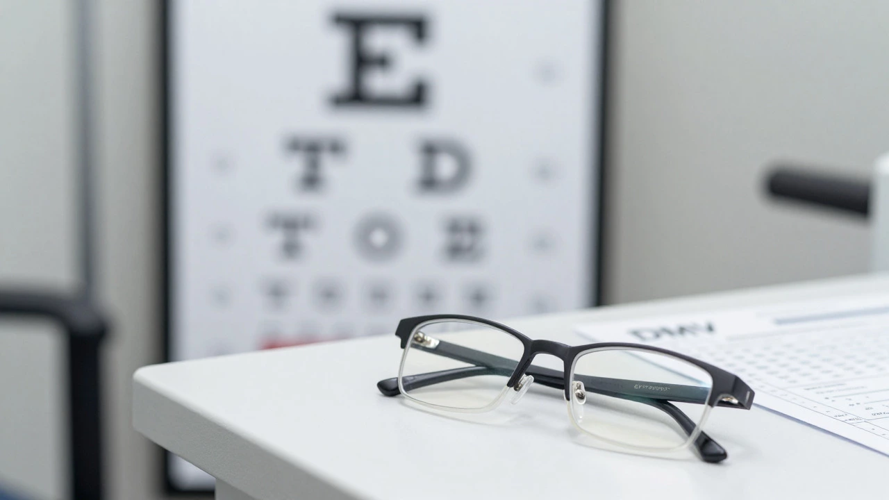 Eyeglasses and Snellen chart for vision screening test
