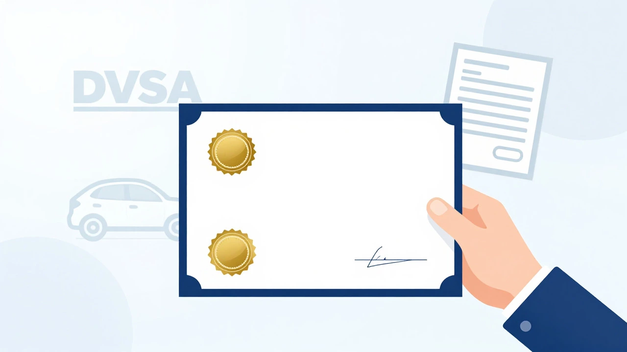 Hand holding a driving certificate with insurance icons