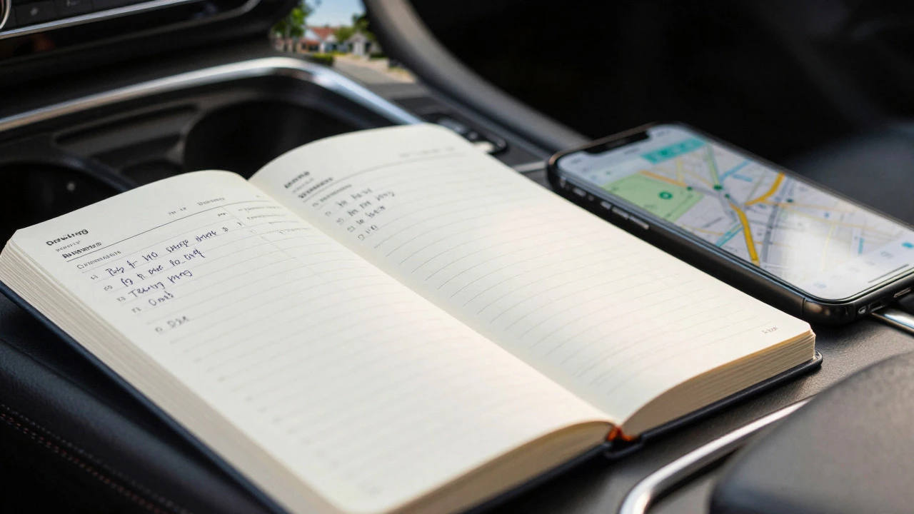 Handwritten driving logbook and smartphone on car console under soft morning light.