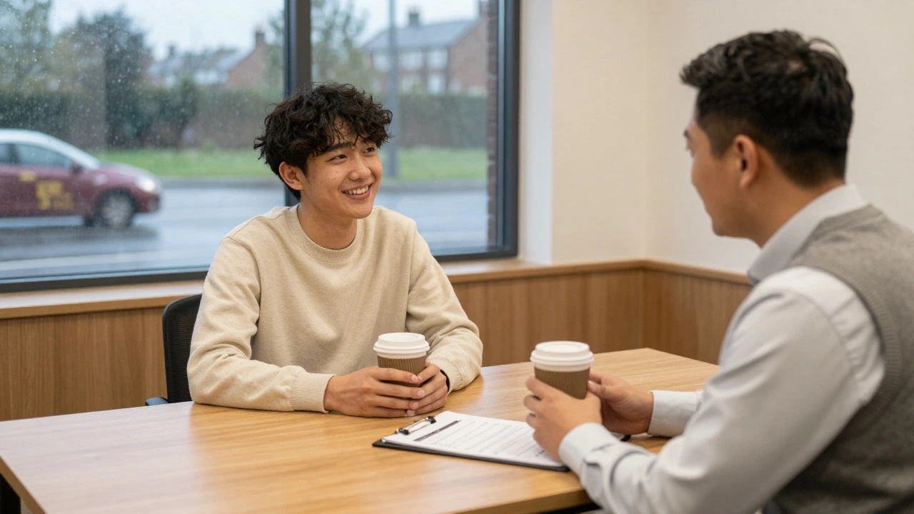 Instructor and student discussing progress over coffee in a driving school office
