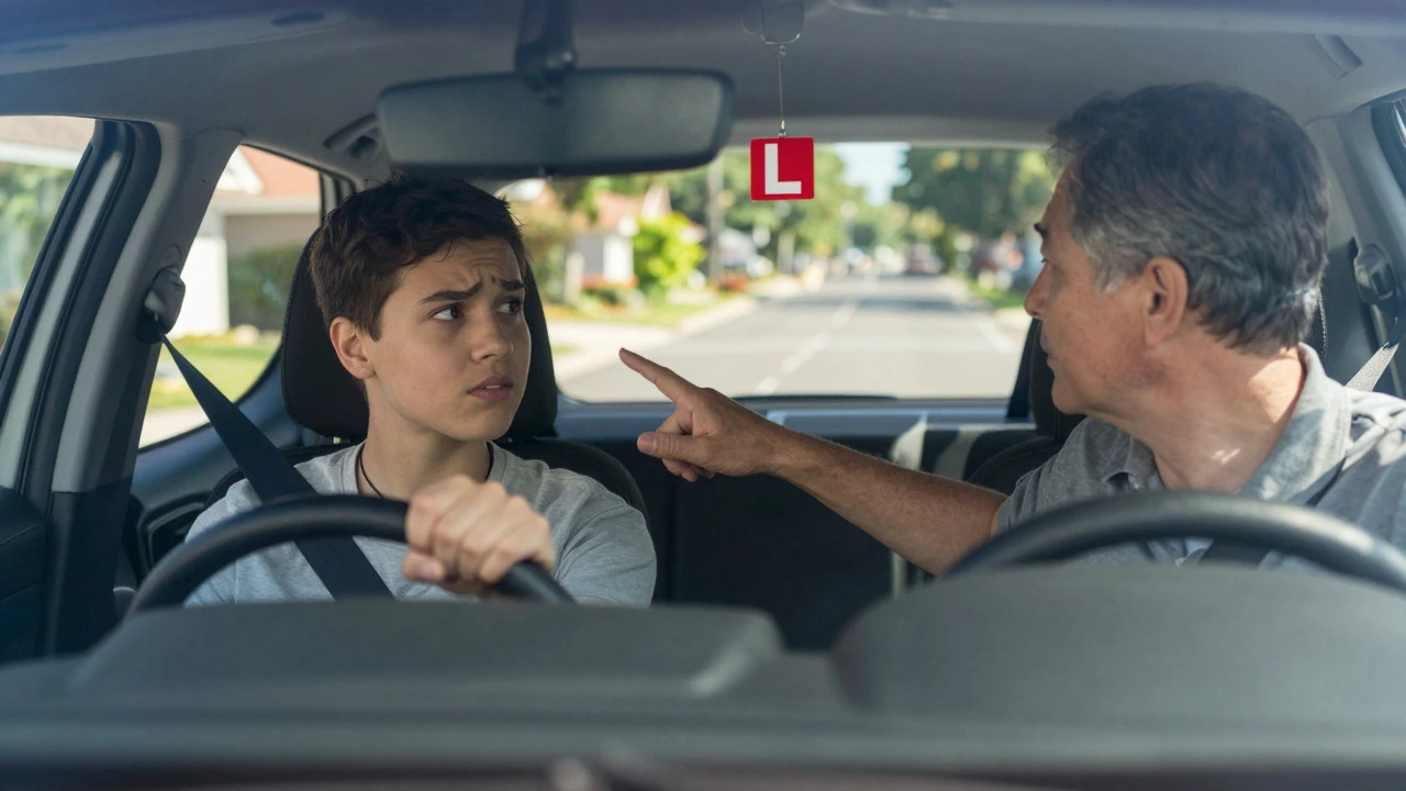 Learner driver practicing with supervisor in car displaying L plates