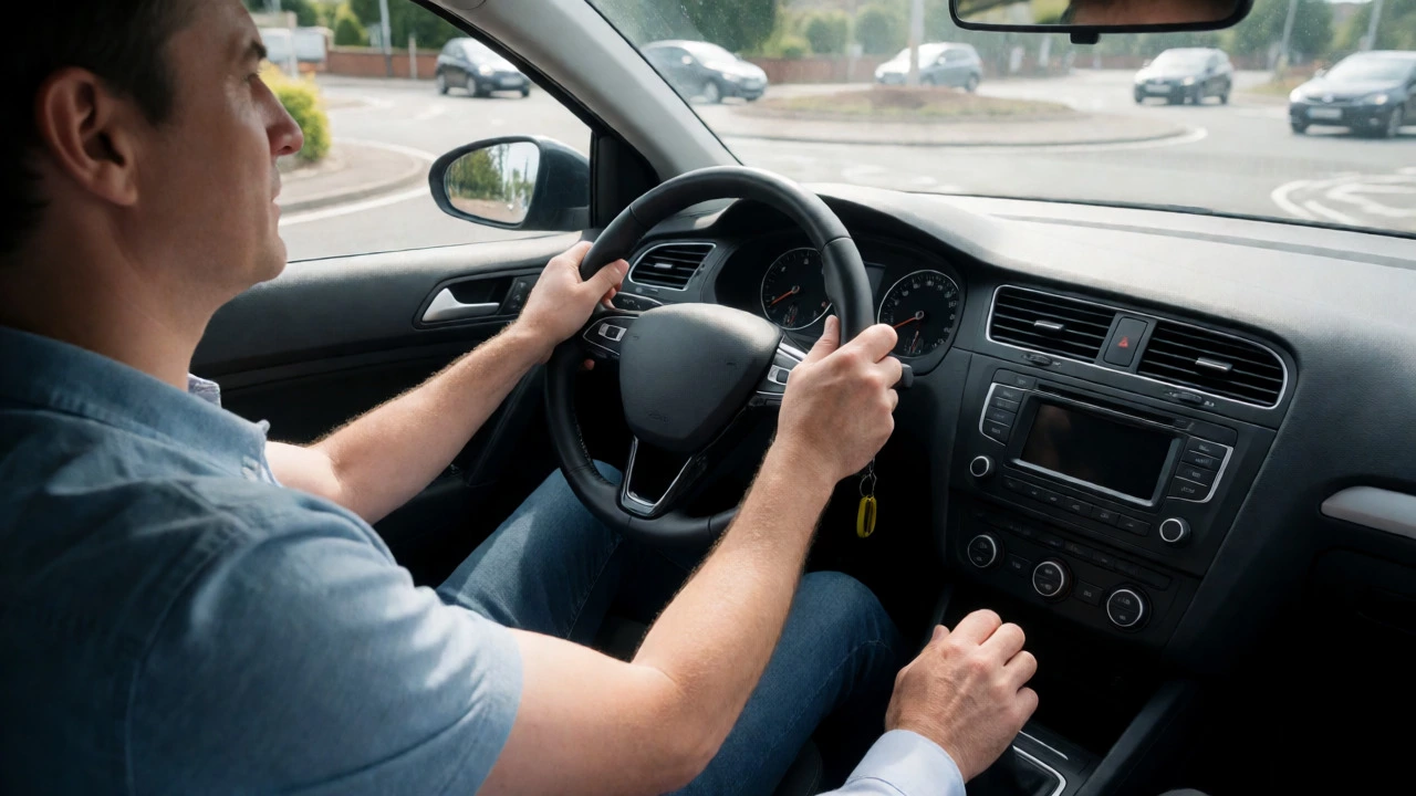 Nervous adult learner gripping steering wheel during a driving lesson on a busy road.