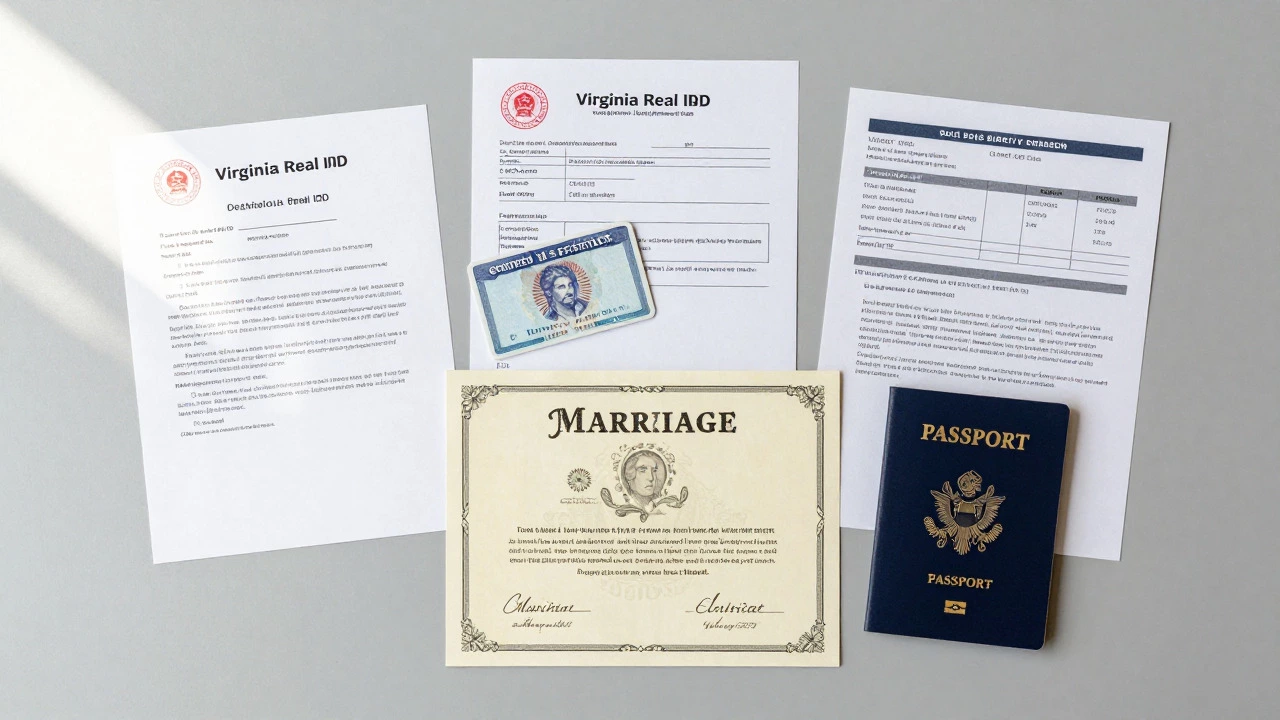Organized layout of documents needed for Virginia Real ID application