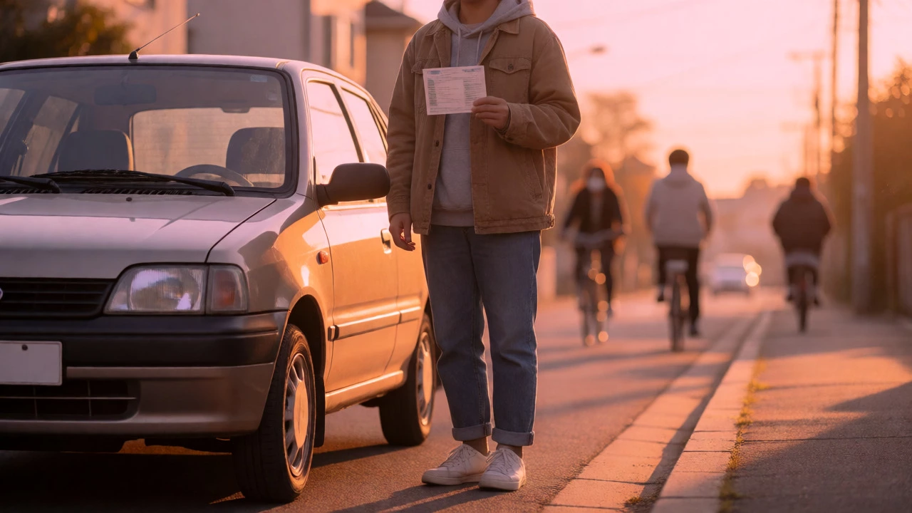 Proud new driver holding license next to car during sunset on a quiet street.