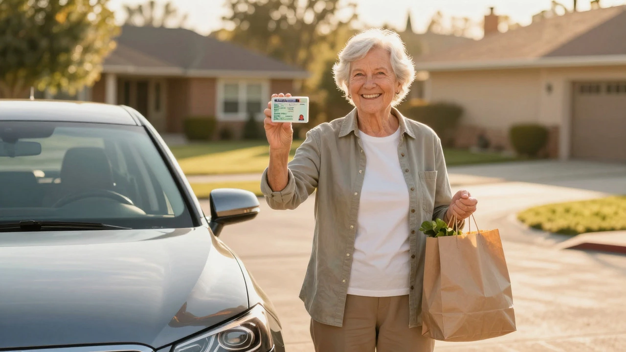 Senior standing by car with new license, symbolizing driving independence