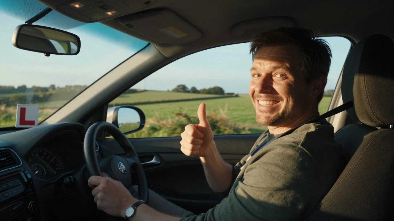 Smiling adult driver giving thumbs up after a successful lesson