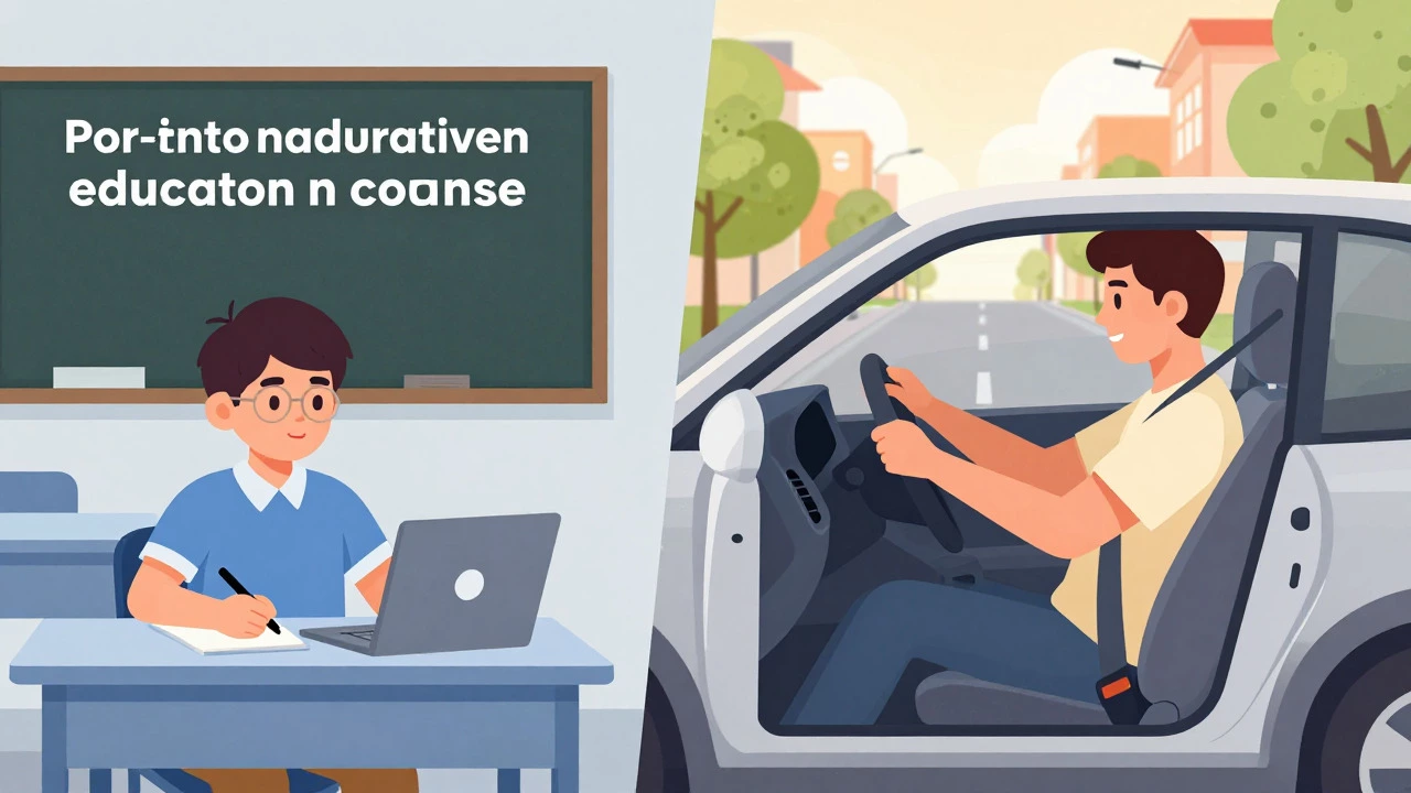 Split illustration comparing teen classroom learning vs adult practice