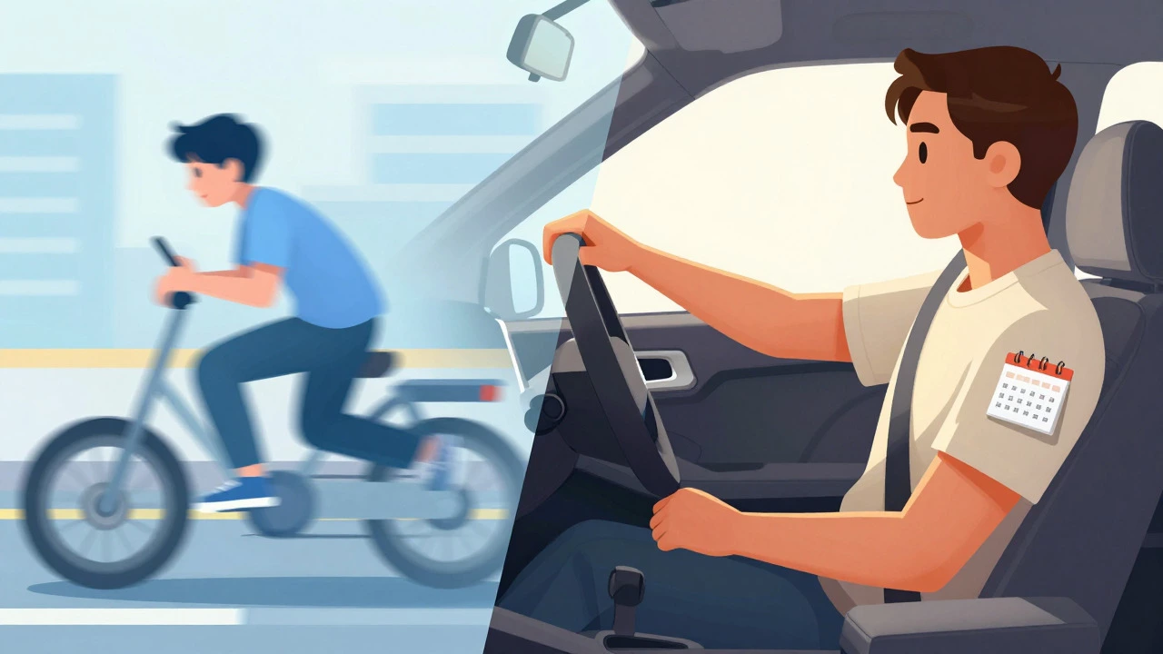 Split view contrasting impulsive teen driving with cautious adult driving