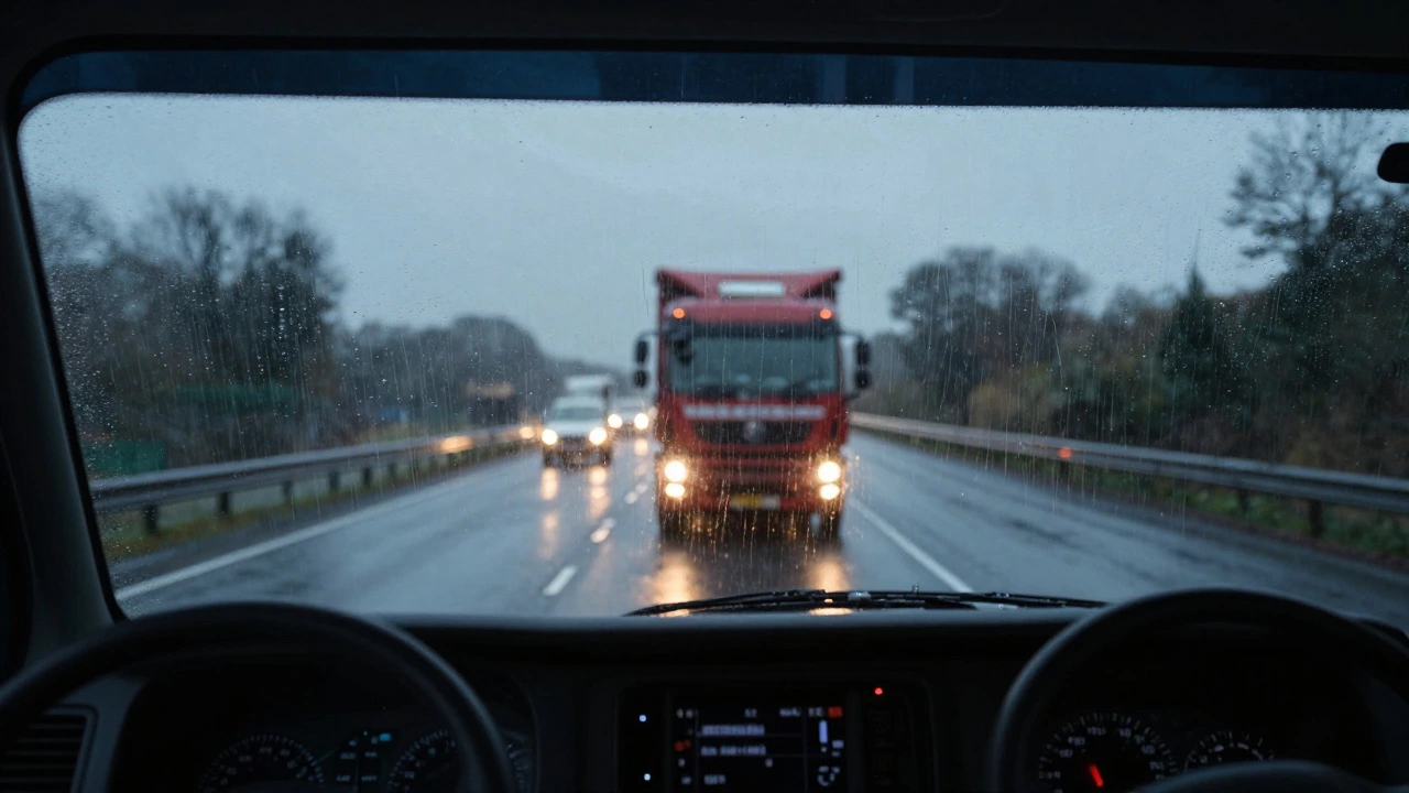 View from inside an HGV cab driving on a rainy motorway