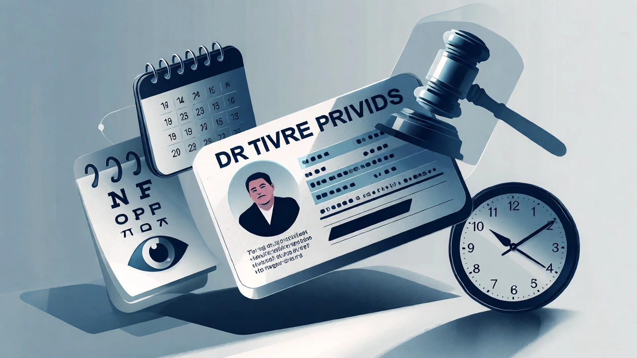 Abstract illustration showing icons for expired licenses, vision tests, and legal holds.