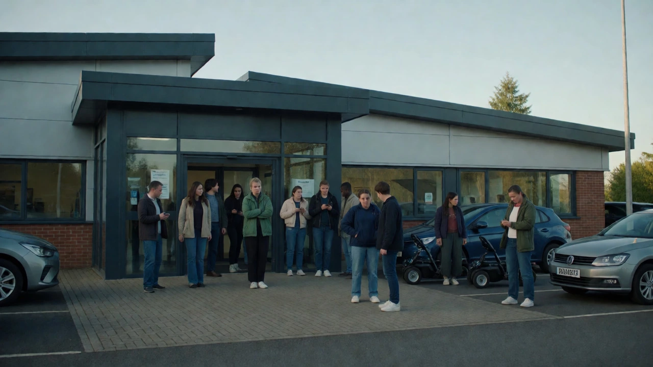 Anxious candidates waiting outside a UK driving test center