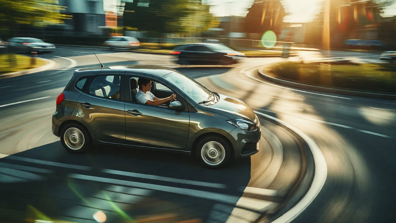 Car navigating a roundabout with motion blur showing rapid driving practice