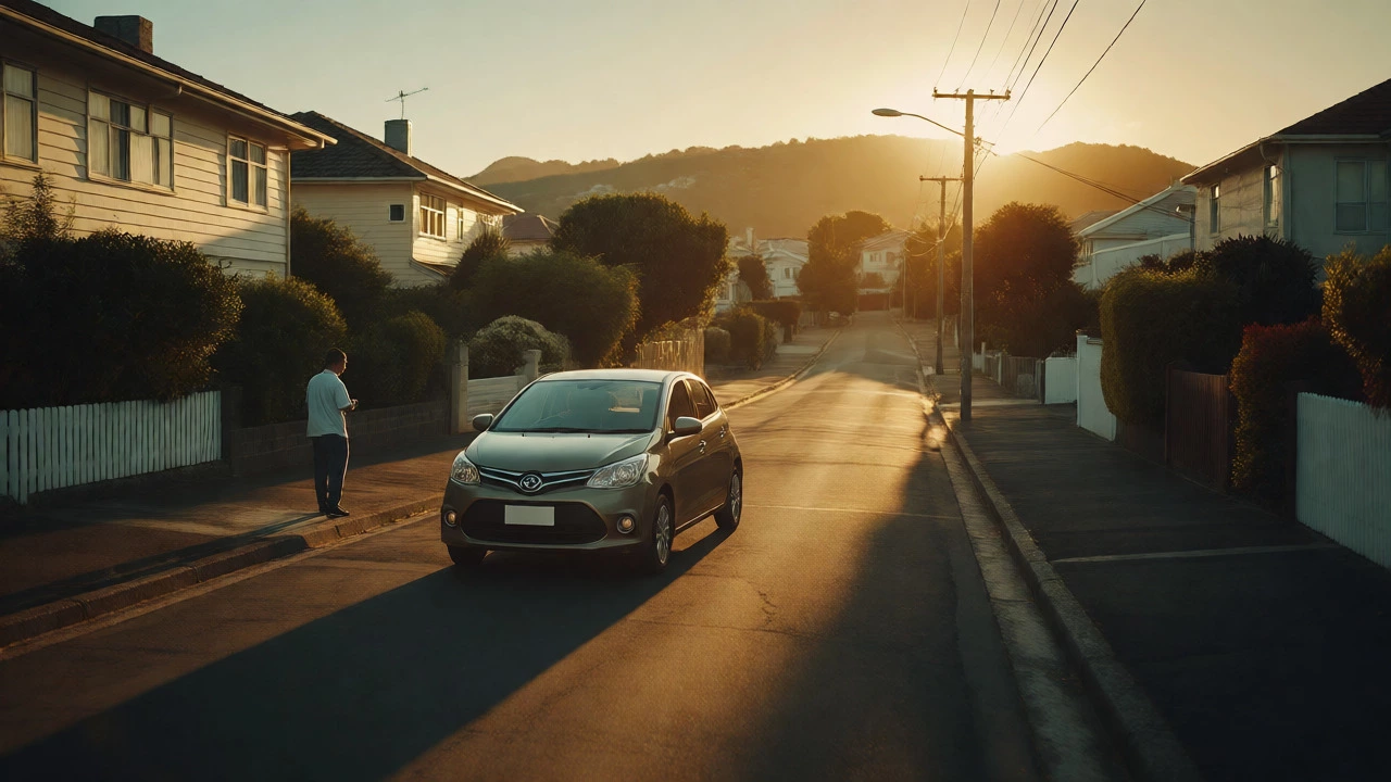 Compact car practicing smooth stops on quiet residential street