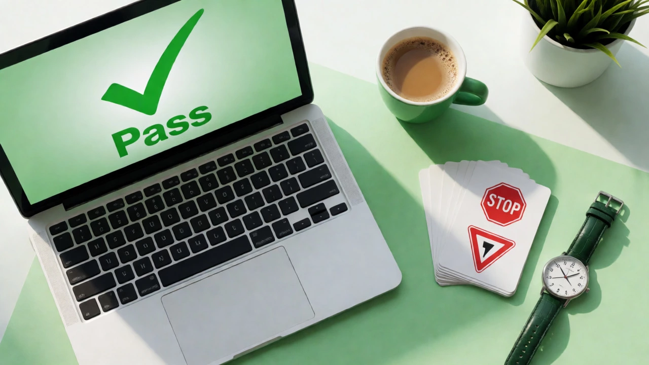 Desk setup with laptop showing pass result and road sign flashcards
