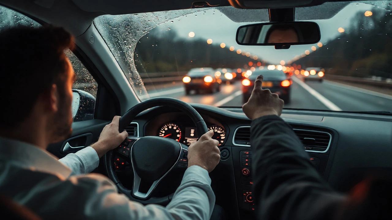 Driver merging onto a wet motorway during a professional driving lesson.