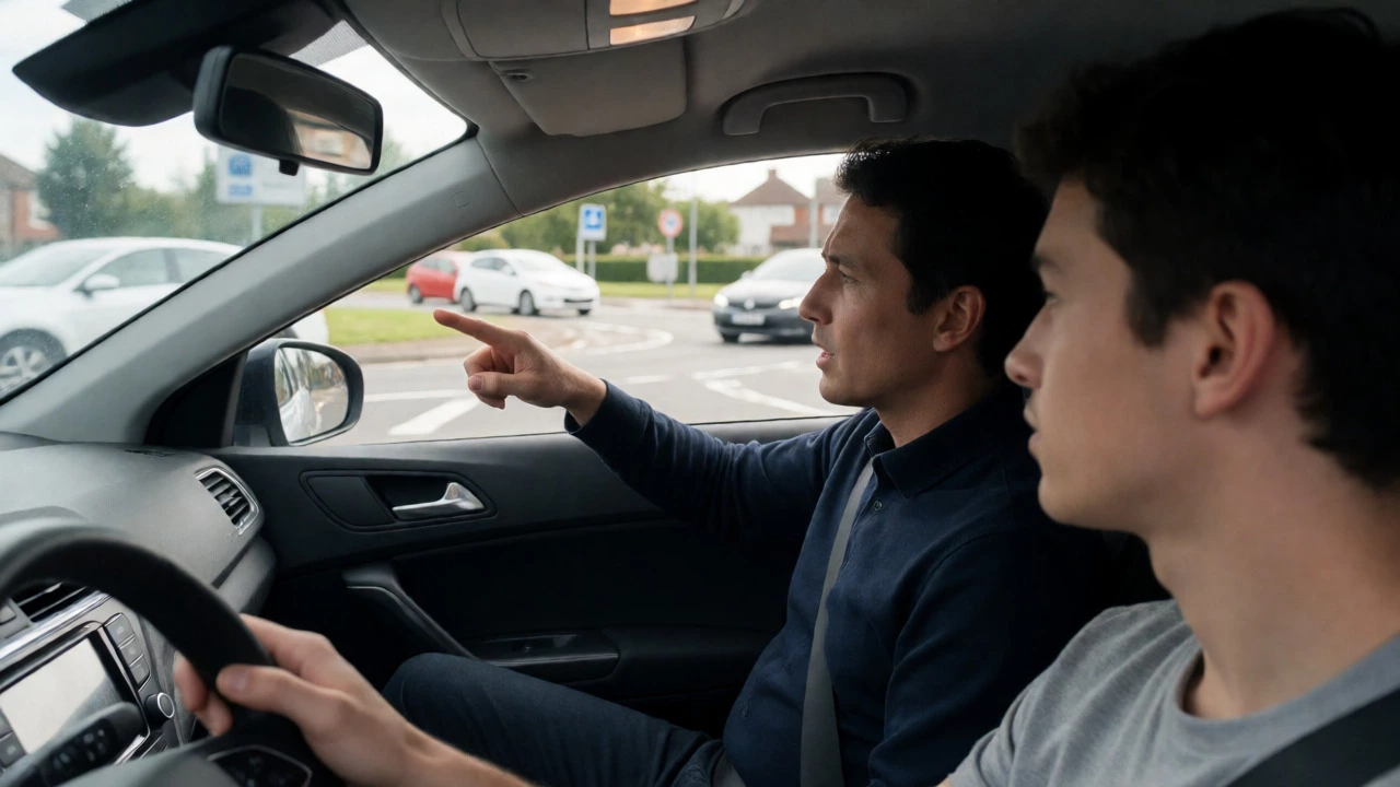 Driving instructor teaching student at a busy UK roundabout