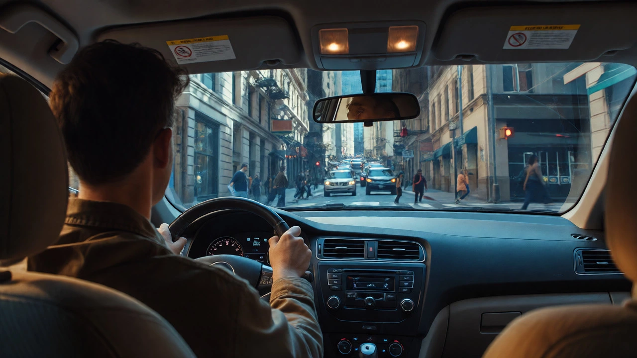 Nervous driver navigating a busy, complex city street during a test