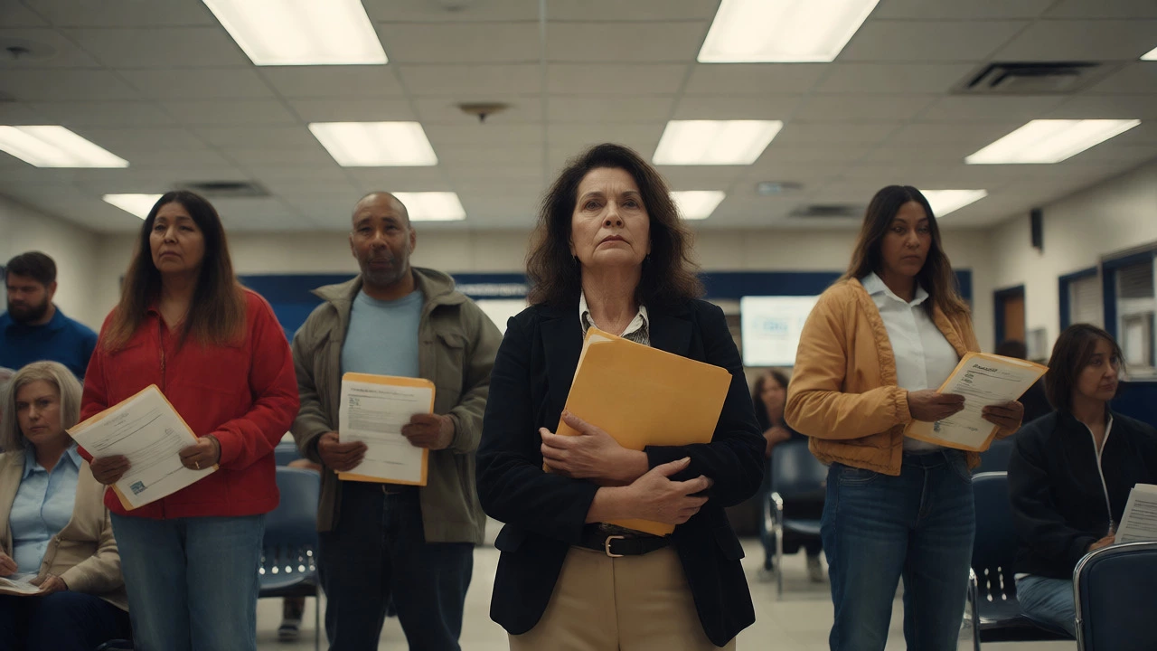 People waiting in line at a DMV office holding required identity documents.