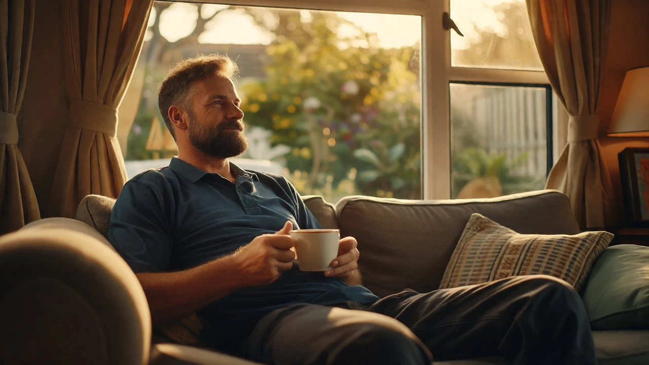 Relaxed HGV driver enjoying his four days off at home, highlighting work-life balance.