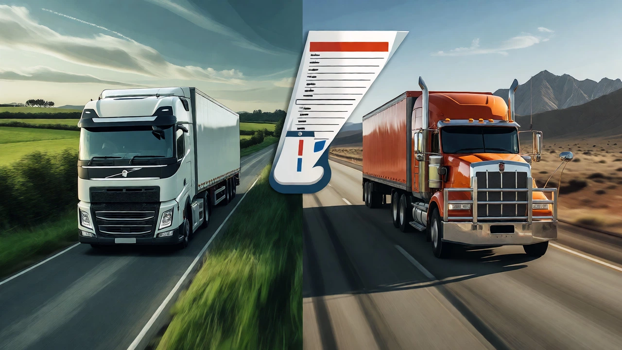 Split image comparing UK cabover lorries and US conventional semi-trucks