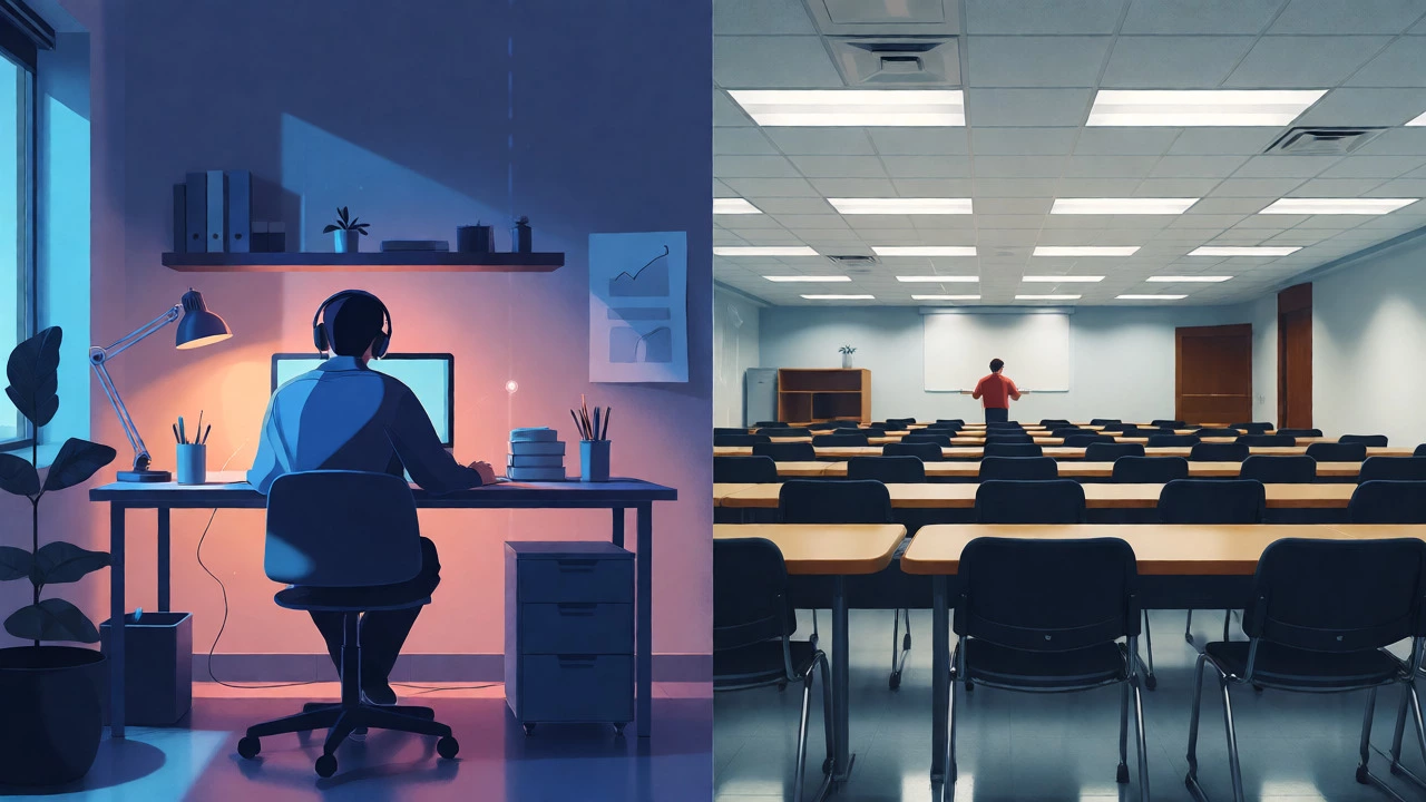 Split view comparing online study at home versus a traditional classroom session.
