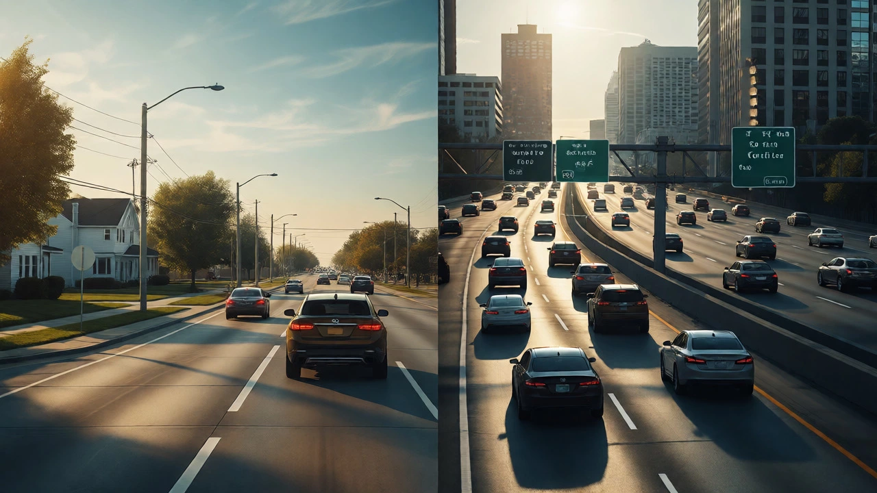 Split view comparing simple suburban roads with chaotic urban highways