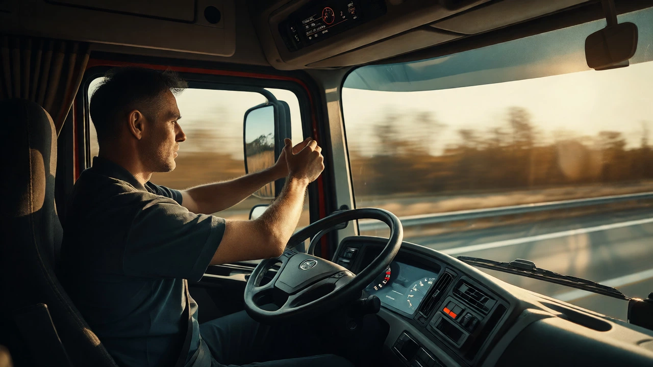 Tired HGV driver checking the tachograph during a long drive, illustrating fatigue management.