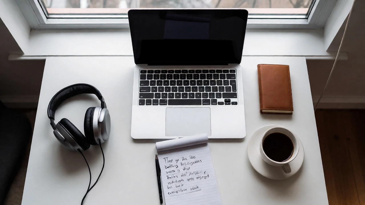 Top-down view of a tidy desk with laptop, headphones, and notes for studying.