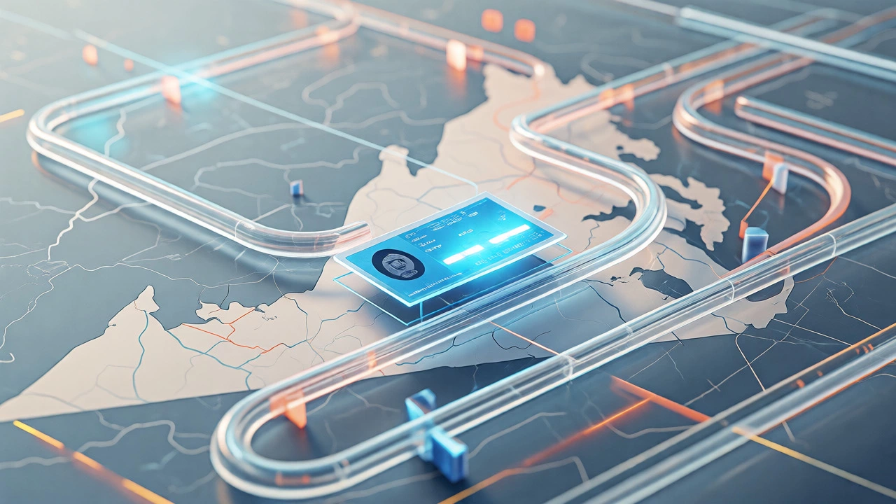 Abstract visualization of a license card traveling through a logistics network