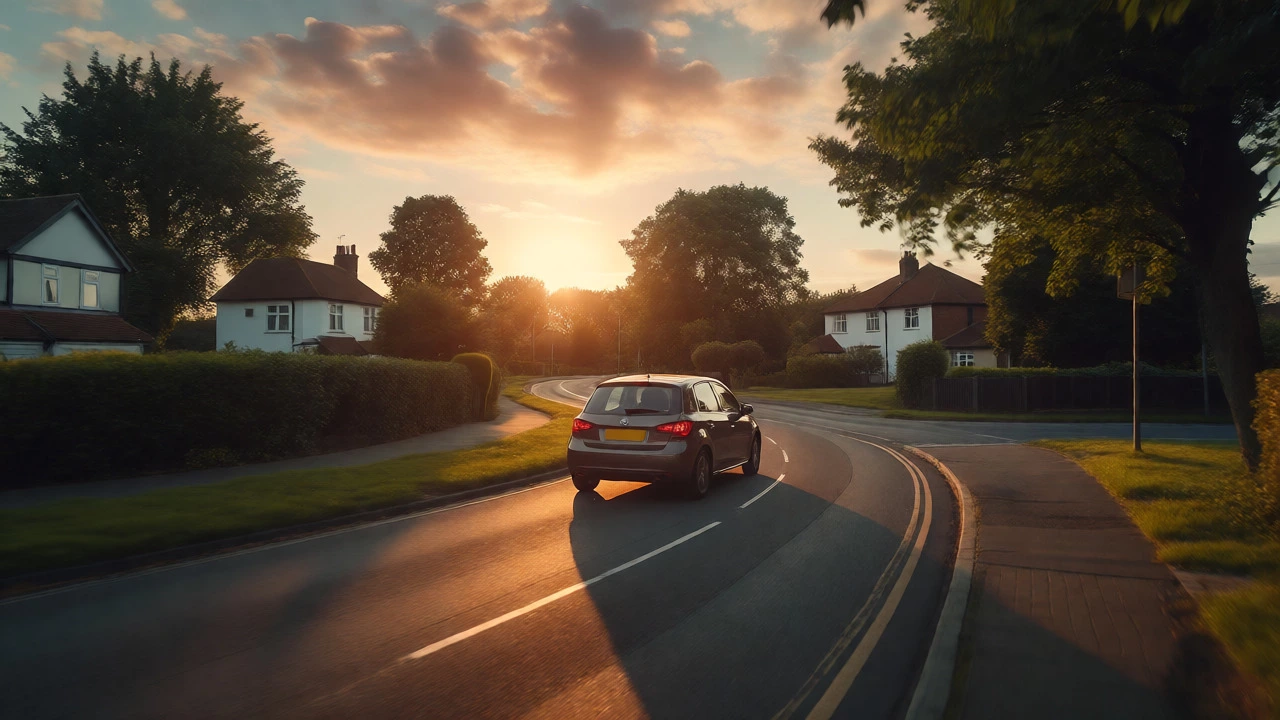 Car driving through scenic residential street during golden hour sunset